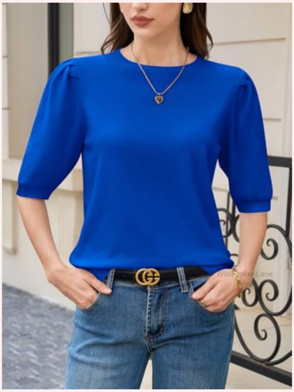 Puff Sleeve Sweater Top Ruffle Crew Neck Dressy Casual Loose Knit Pullover - Picture 2 of 7